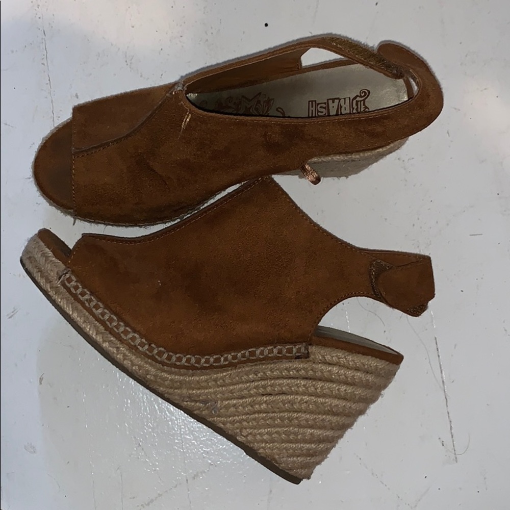 Camel peep toe wedges